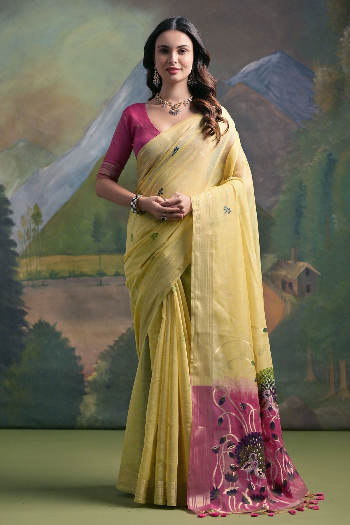 Buy Yellow Peacock Thread Work Saree by Lili Lala for women online at ScrollnShops