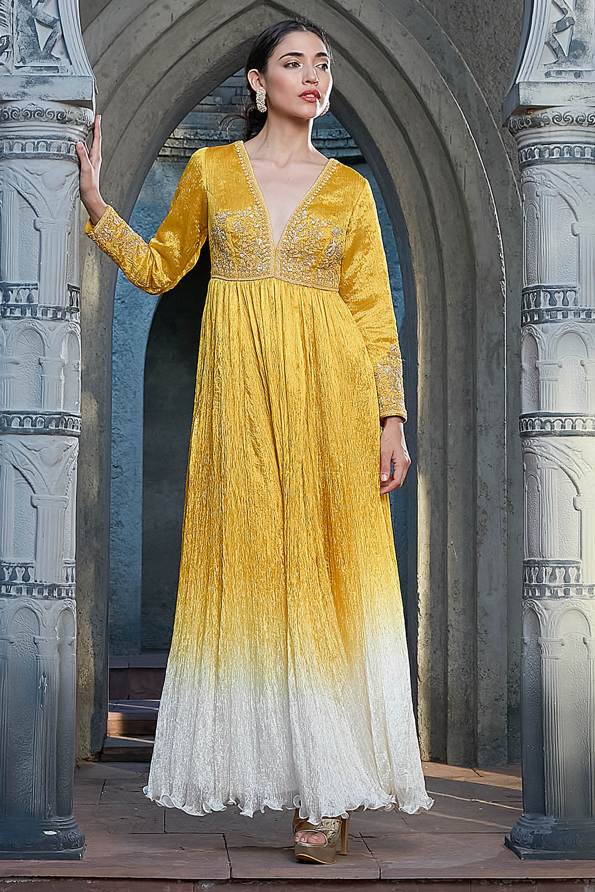Yellow Pearl Dabka Anarkali Set