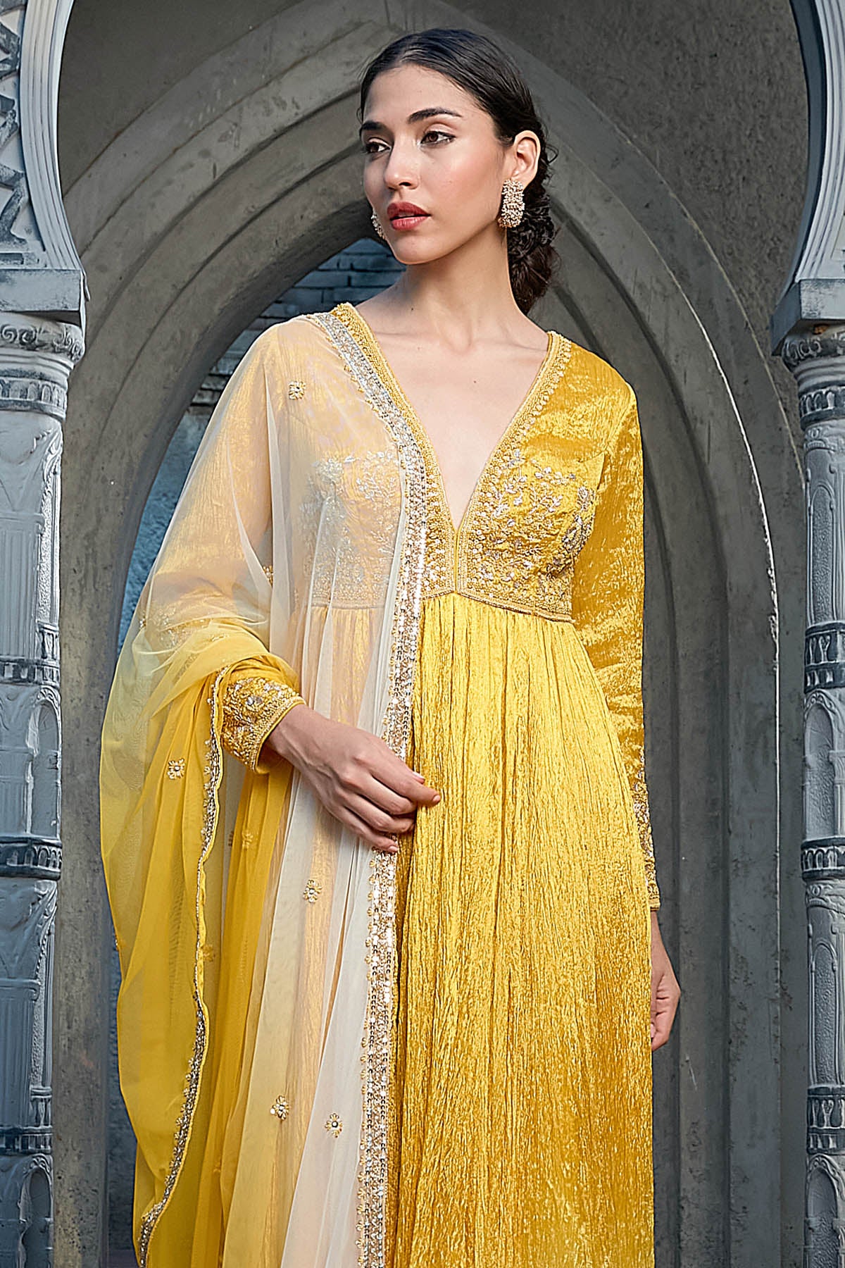 Yellow Pearl Dabka Anarkali Set