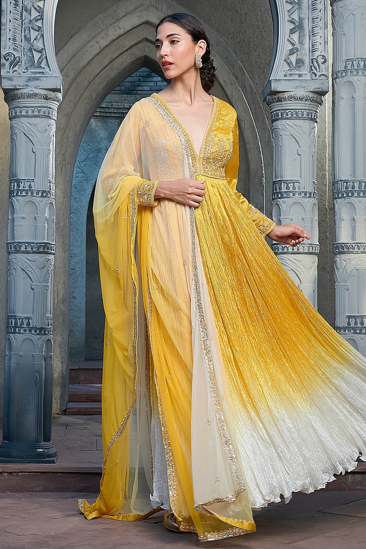 Buy Yellow Pearl Dabka Anarkali Set for women by Priyanka Jain online available at scrollnshops