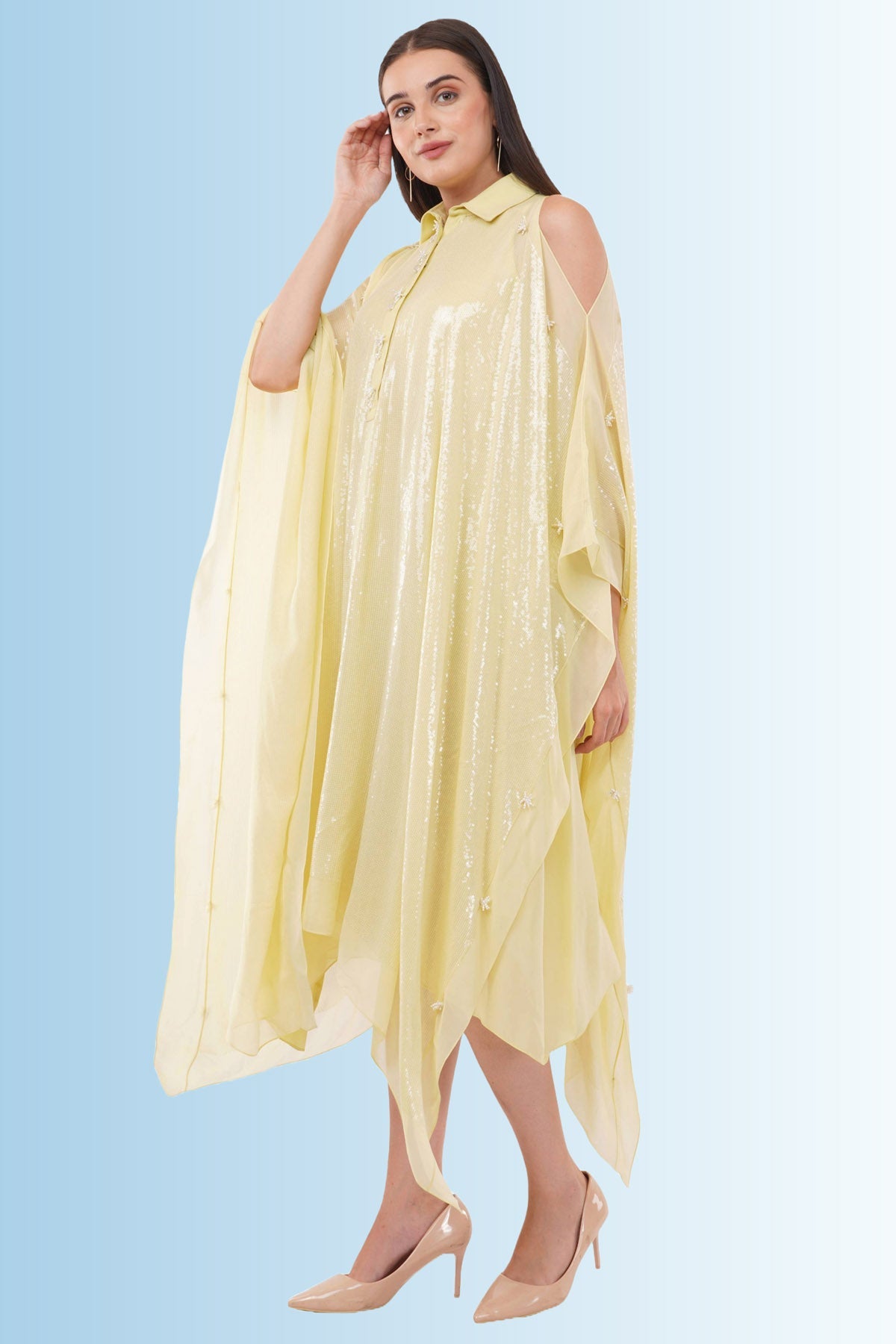 Anjali Kanwar Yellow Pearl Embroidered Kaftan for women online at ScrollnShops