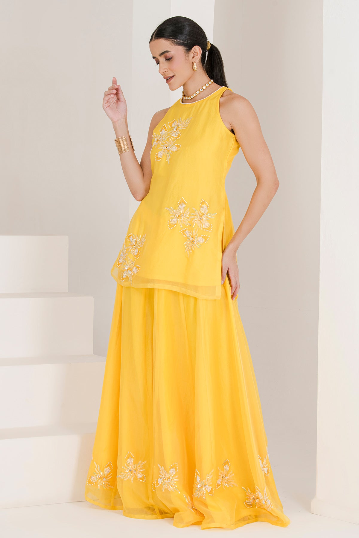 Yellow Pearls Work Sharara Set