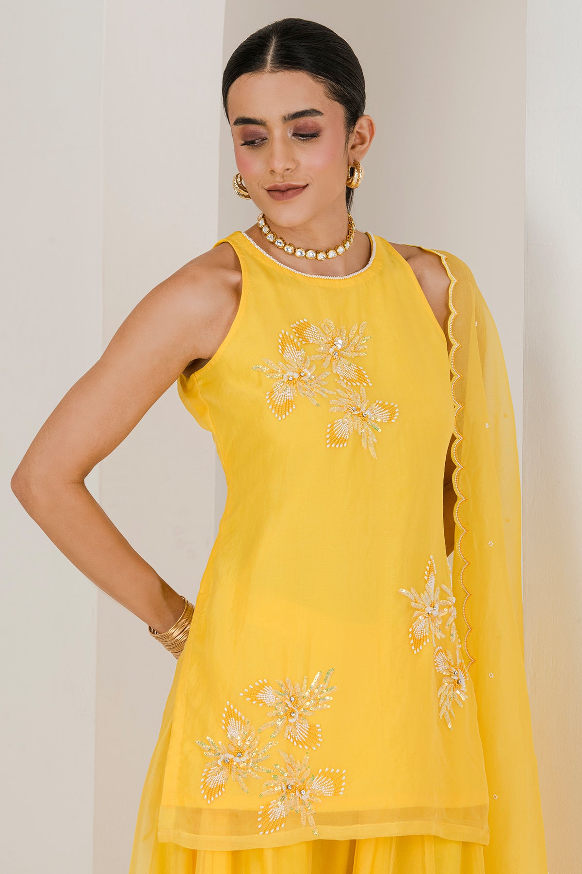 Yellow Pearls Work Sharara Set