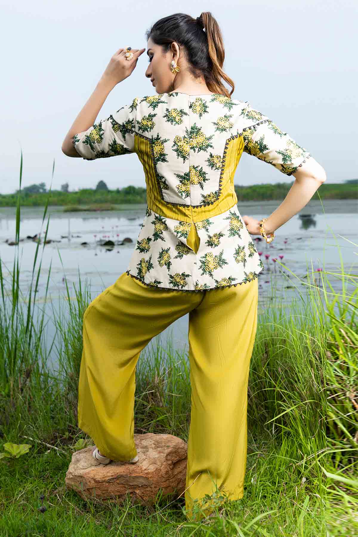 Yellow Peplum Flared Jumpsuit