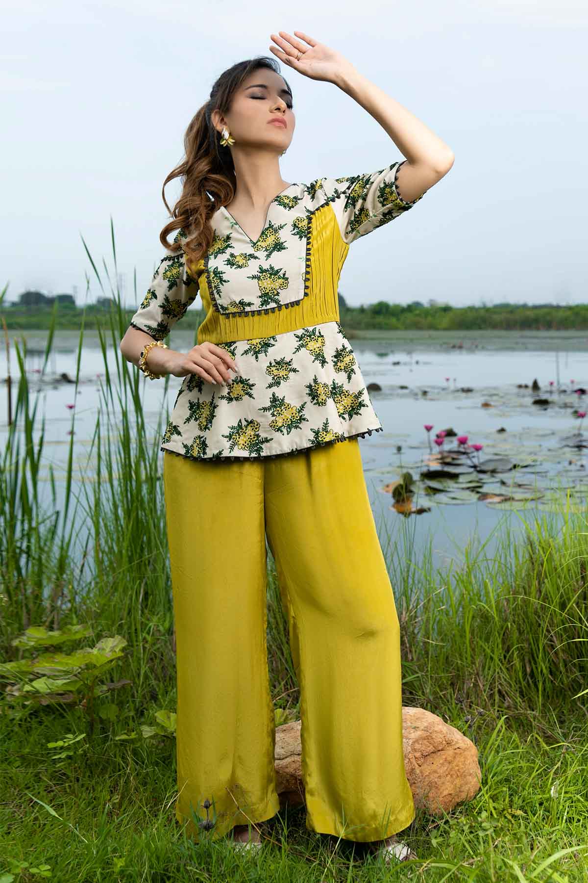 Yellow Peplum Flared Jumpsuit
