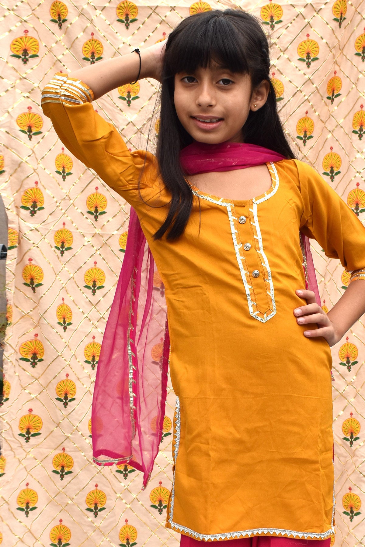 Yellow & Pink Button Kurta Set