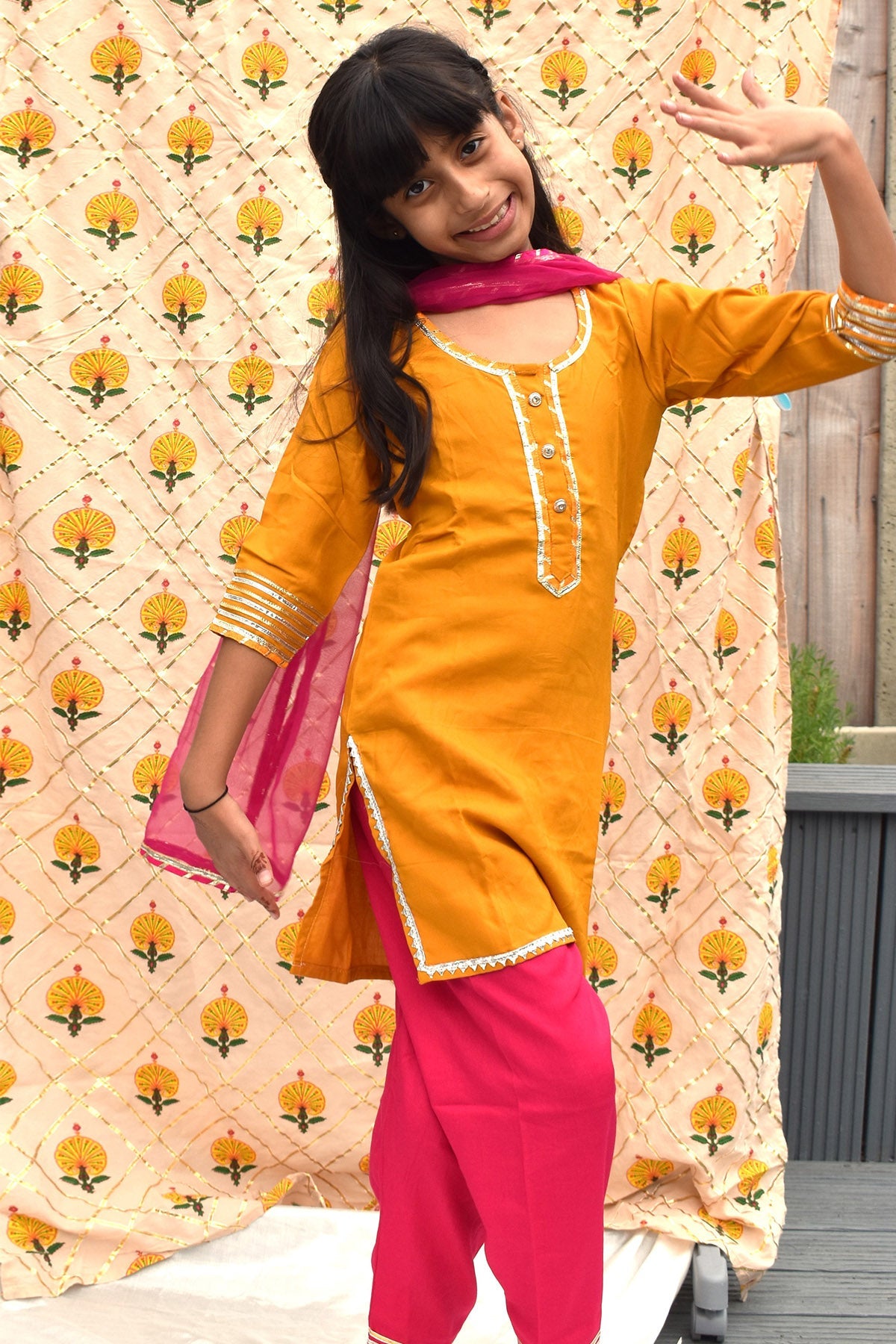 Buy Yellow & Pink Button Kurta Set for Kids by ViYa online available at scrollnshops