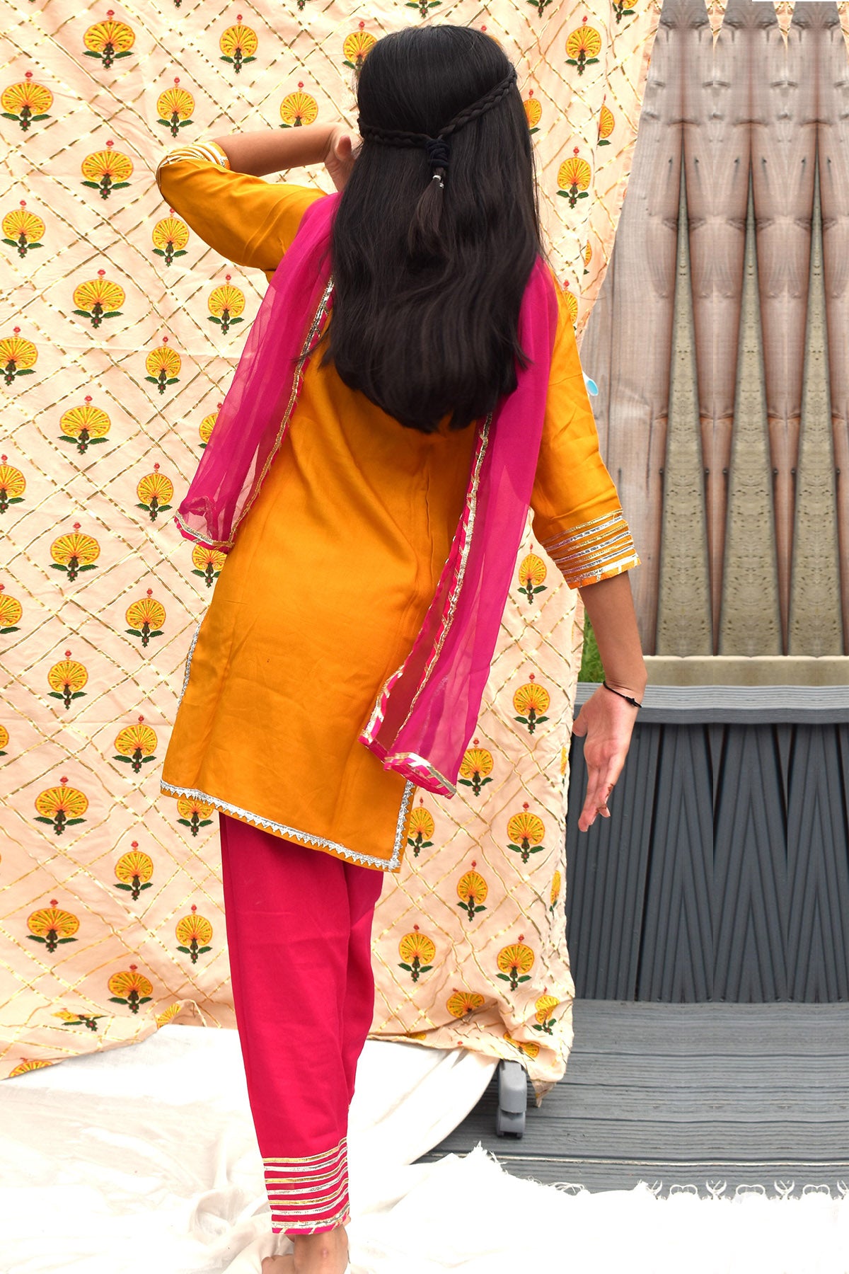 Yellow & Pink Button Kurta Set