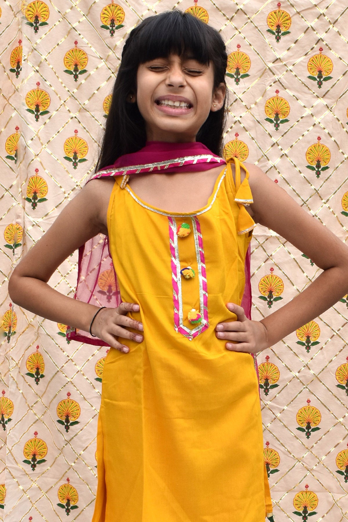 Yellow & Pink Cotton Kurta Set