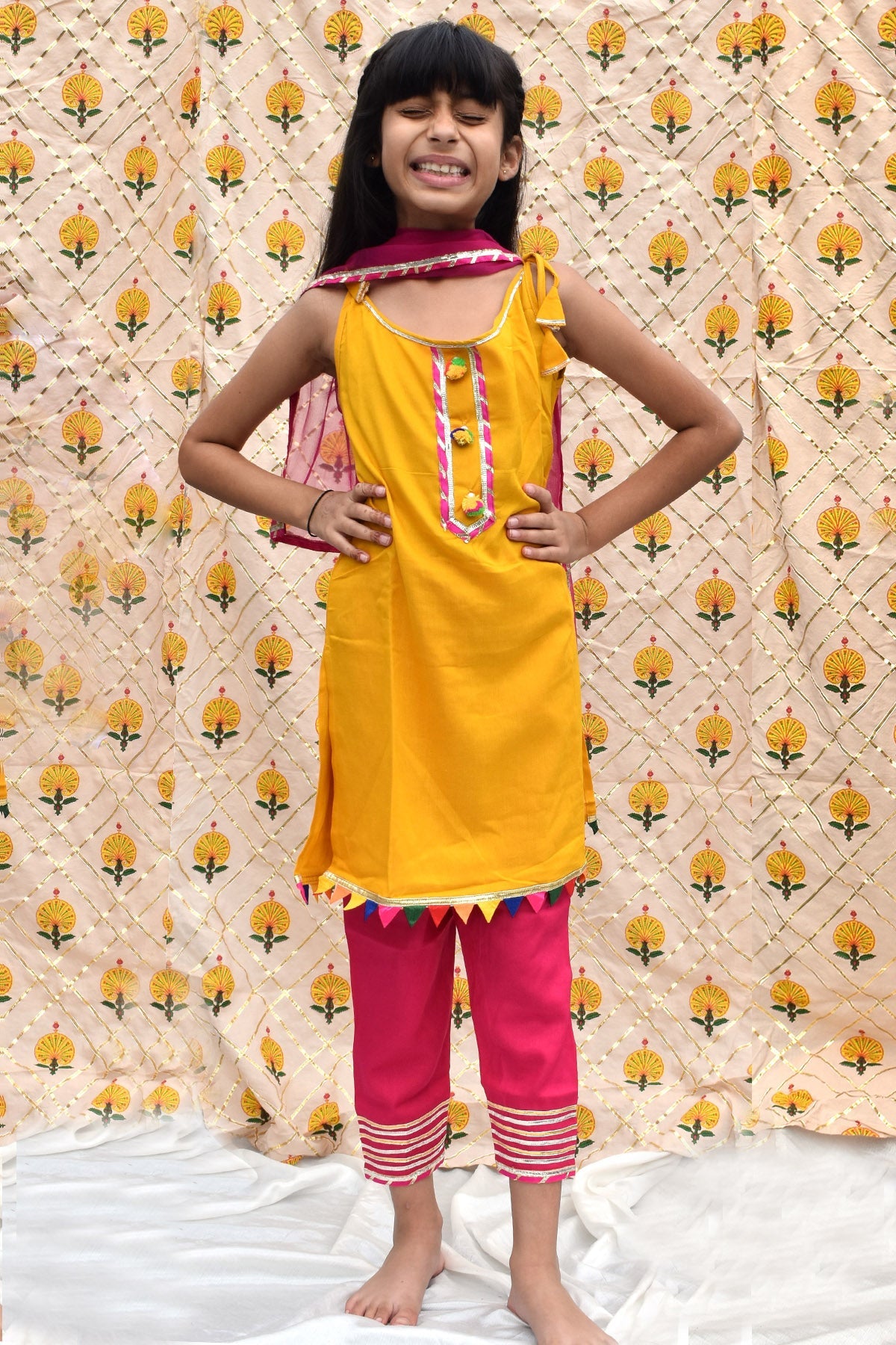 Buy Yellow & Pink Cotton Kurta Set for Kids by ViYa online available at scrollnshops