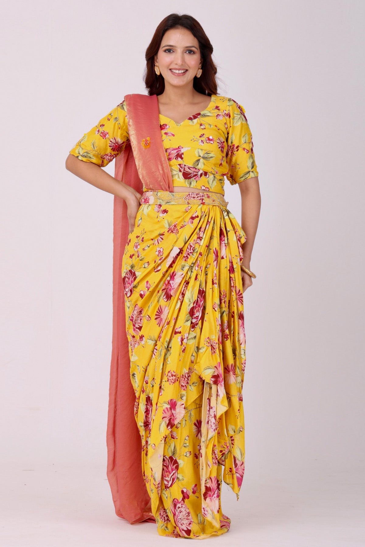 Buy Yellow & Pink Floral Saree Set for women by Namita Sharma Designer online available at scrollnshops