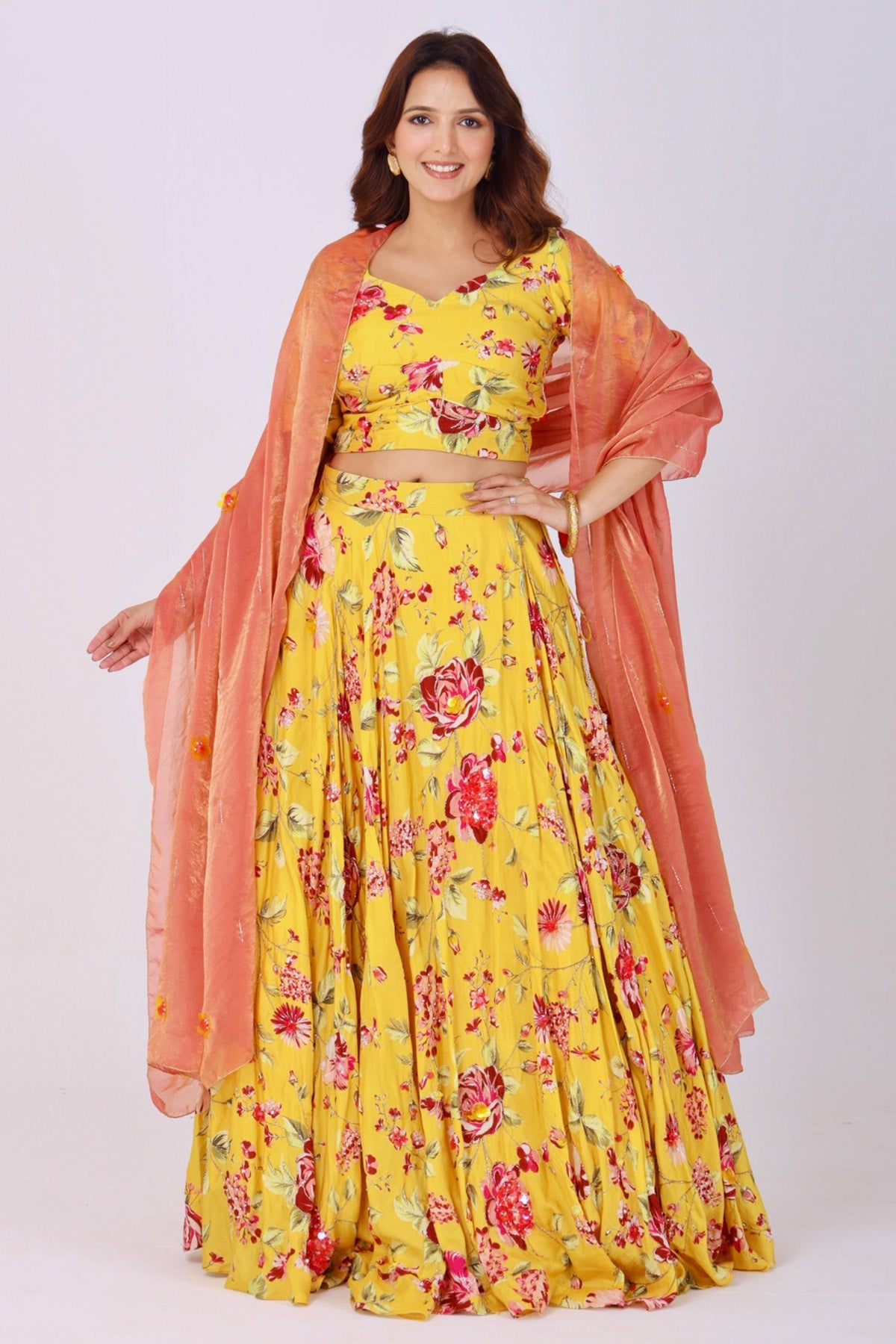 Buy Yellow & Pink Silk Lehenga Set for women by Namita Sharma Designer online available at scrollnshops