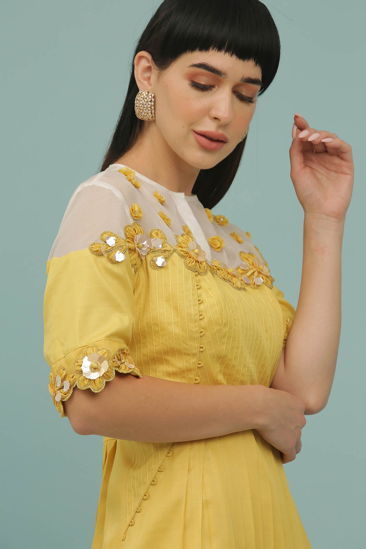 Yellow Pleated A-Line Midi Dress