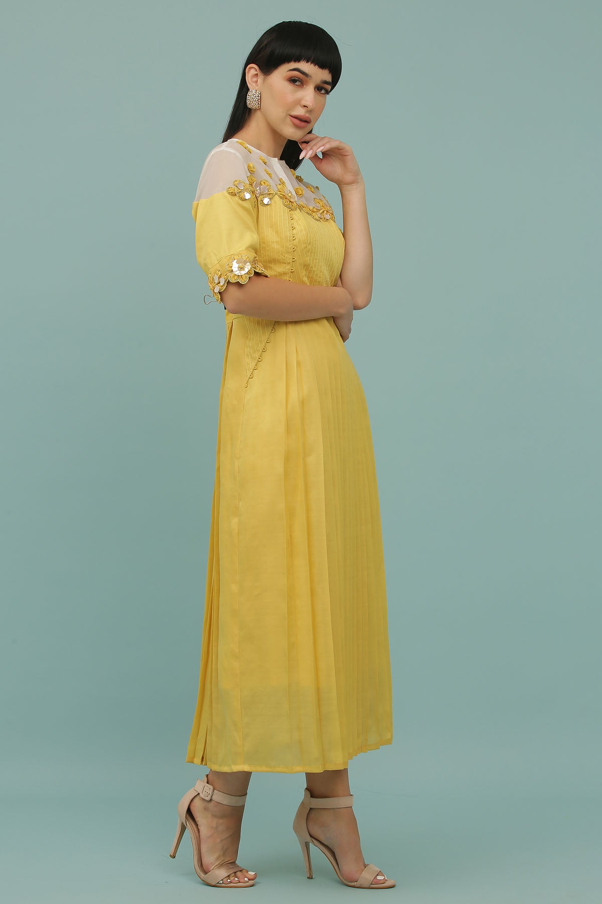 Yellow Pleated A-Line Midi Dress