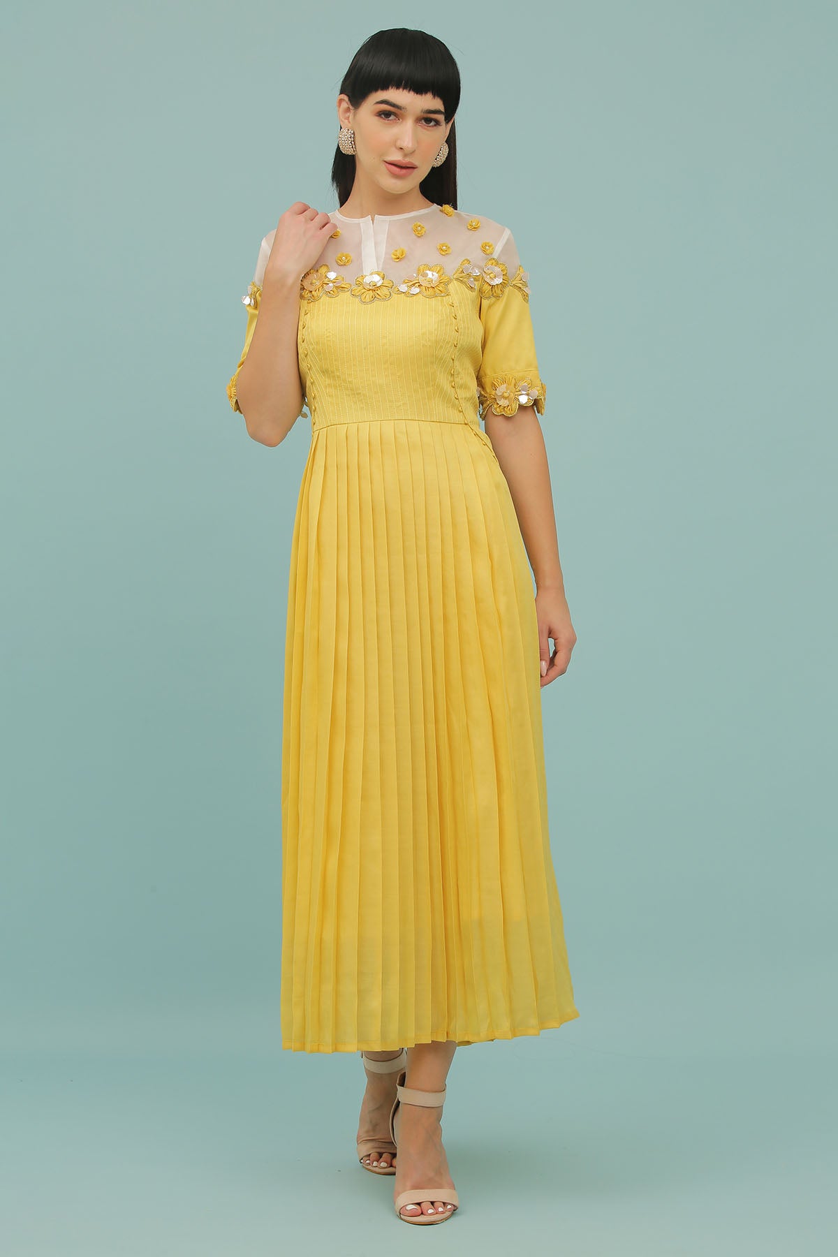 Yellow Pleated A-Line Midi Dress