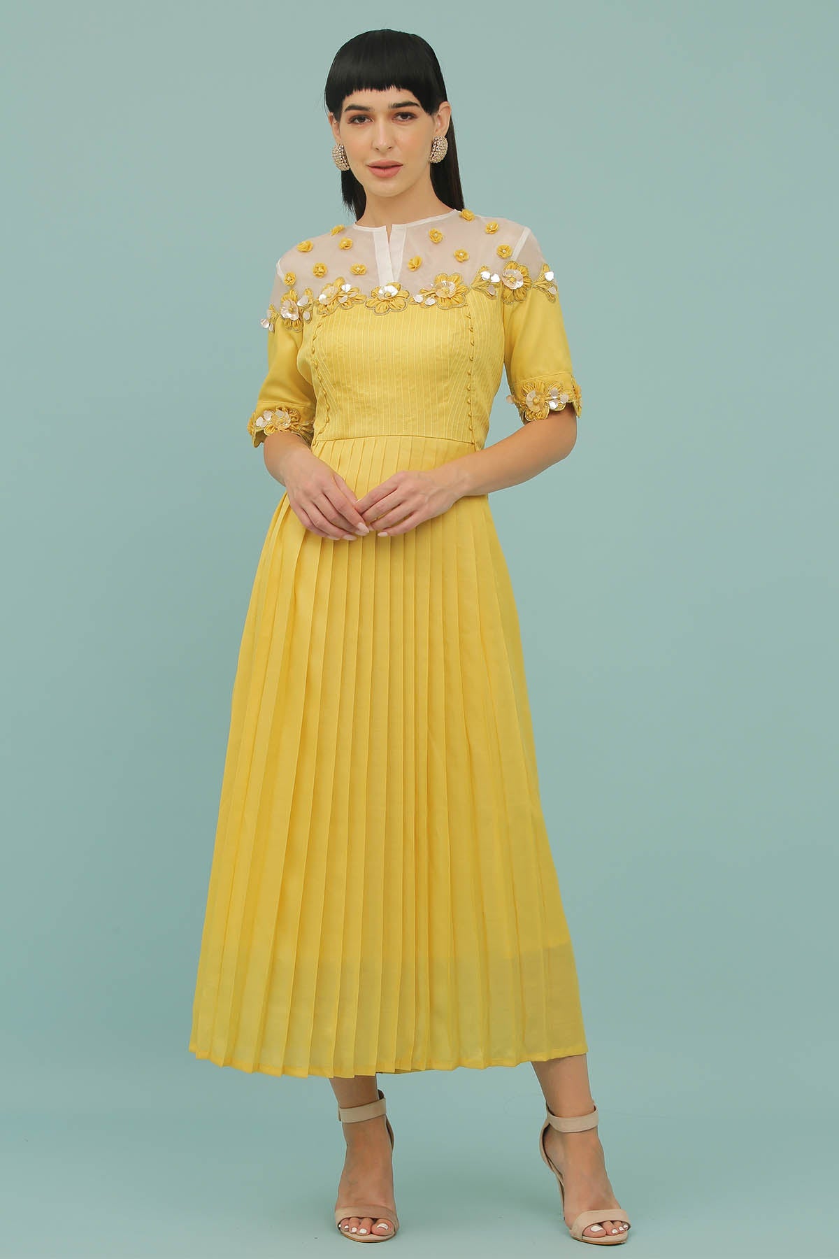 Buy Yellow Pleated A-Line Midi Dress by Sejal Kamdar for women online at ScrollnShops