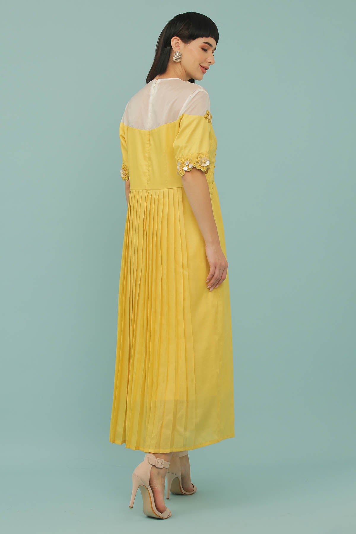 Yellow Pleated A-Line Midi Dress