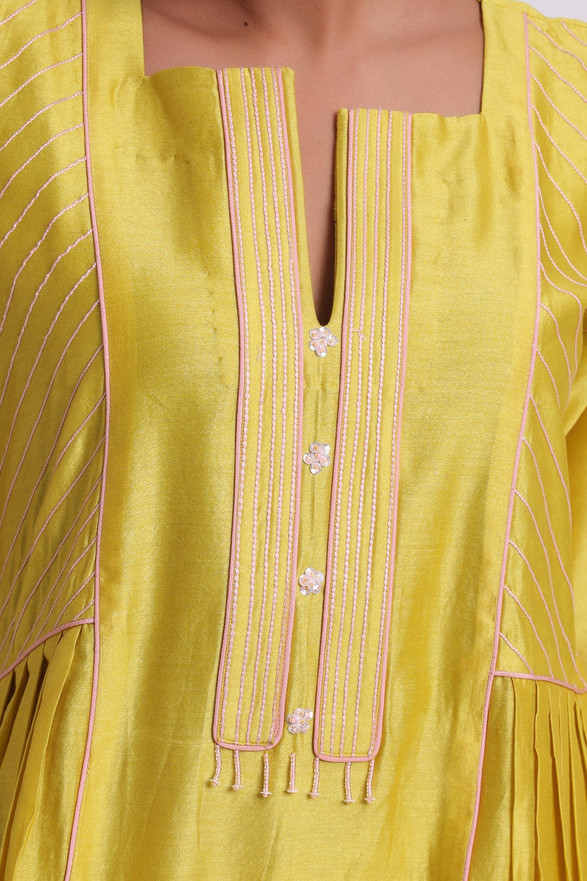 Yellow Pleated Flared Kurta Set
