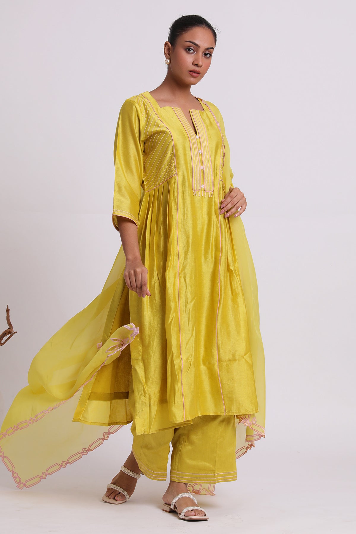 Yellow Pleated Flared Kurta Set