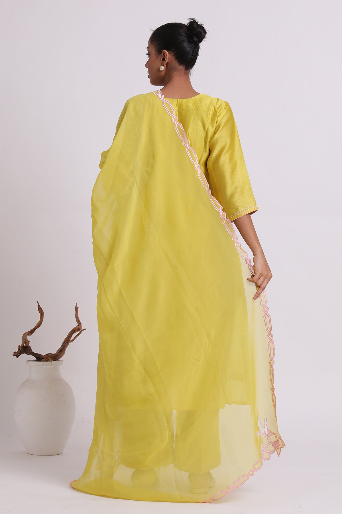 Yellow Pleated Flared Kurta Set