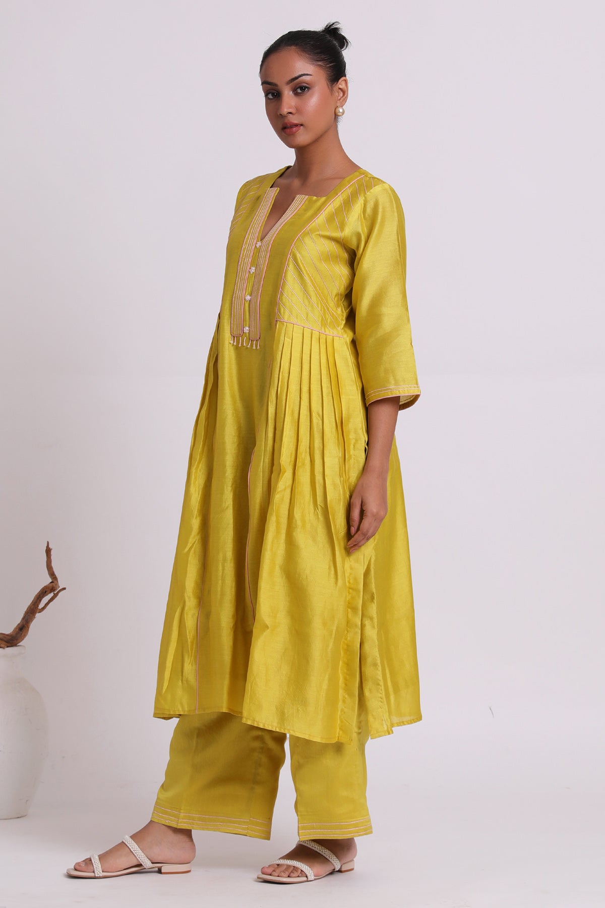 Yellow Pleated Flared Kurta Set