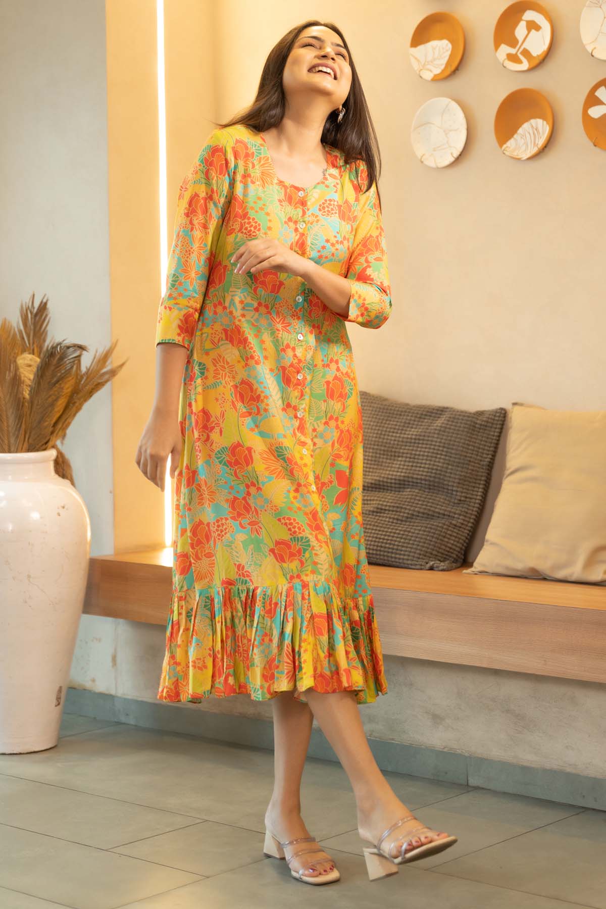 Yellow Pleated Frill Midi Dress