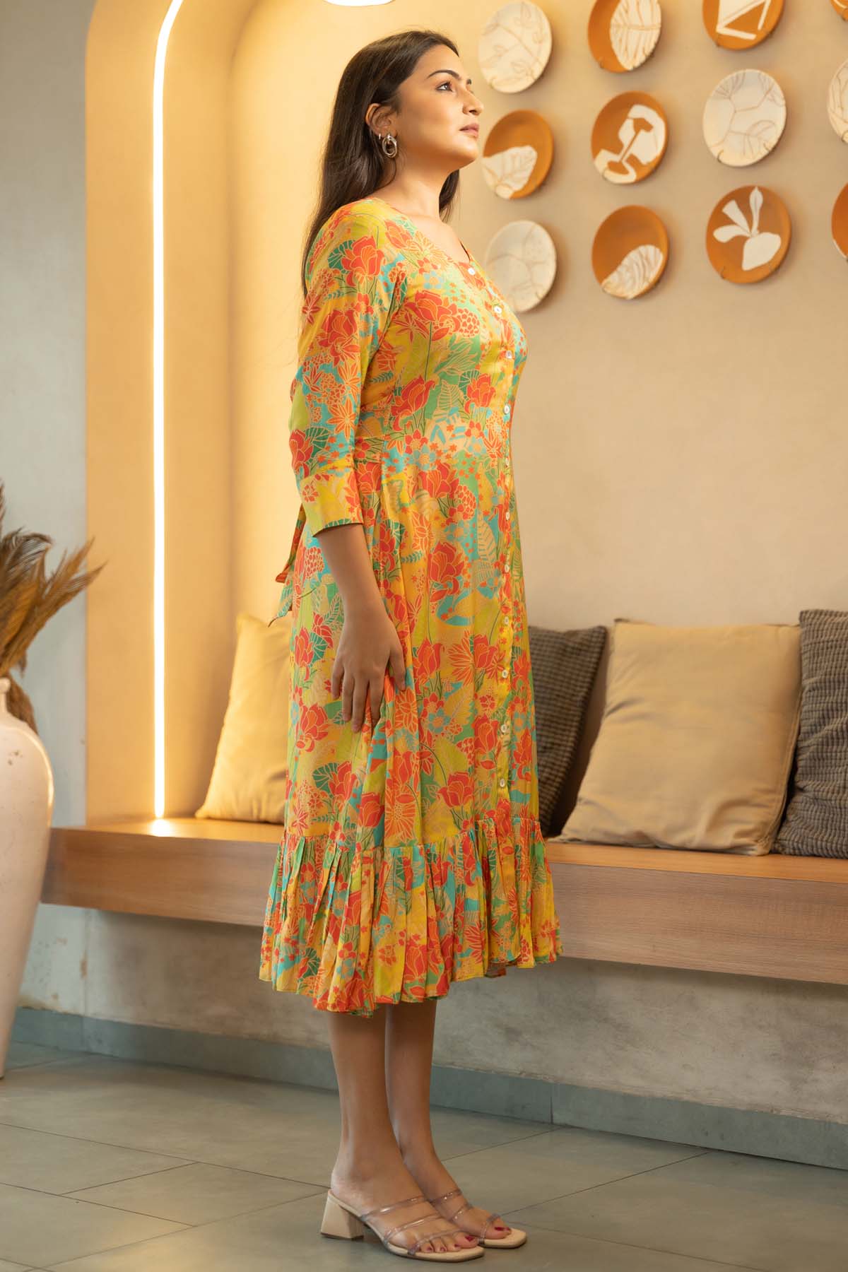 Yellow Pleated Frill Midi Dress