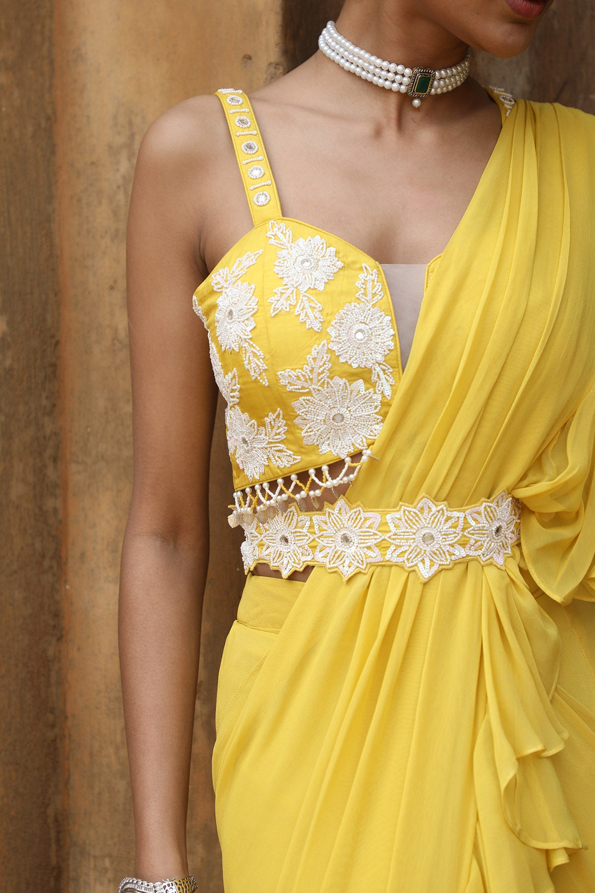 Yellow Pre-Draped Frill Saree