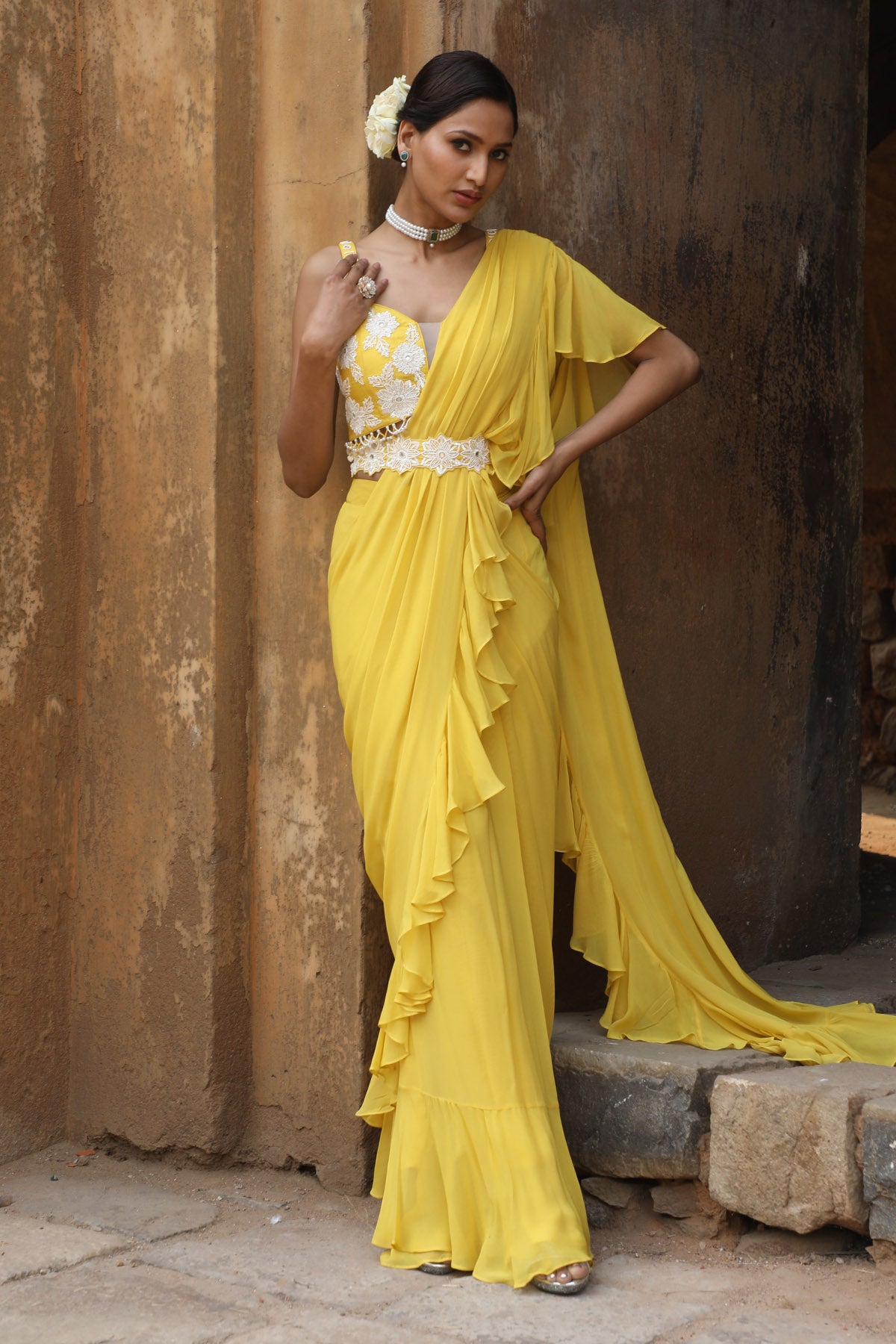 Yellow Pre-Draped Frill Saree