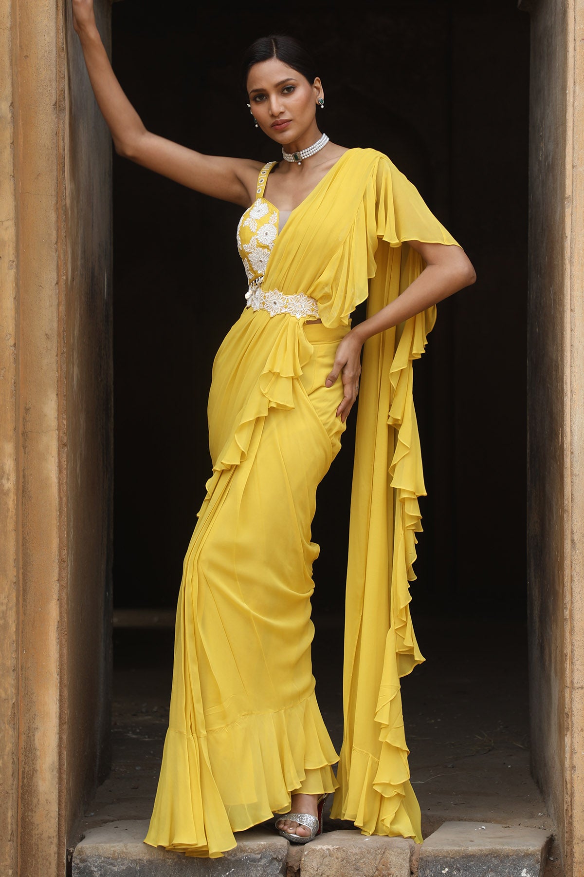 Yellow Pre-Draped Frill Saree