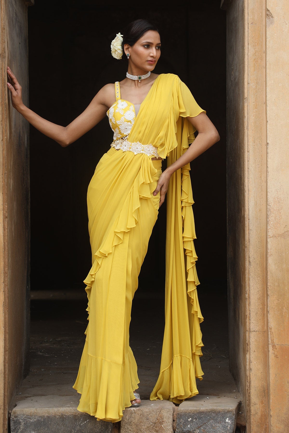 Buy Yellow Pre-Draped Frill Saree by Nitisha Kashyap for women online at ScrollnShops
