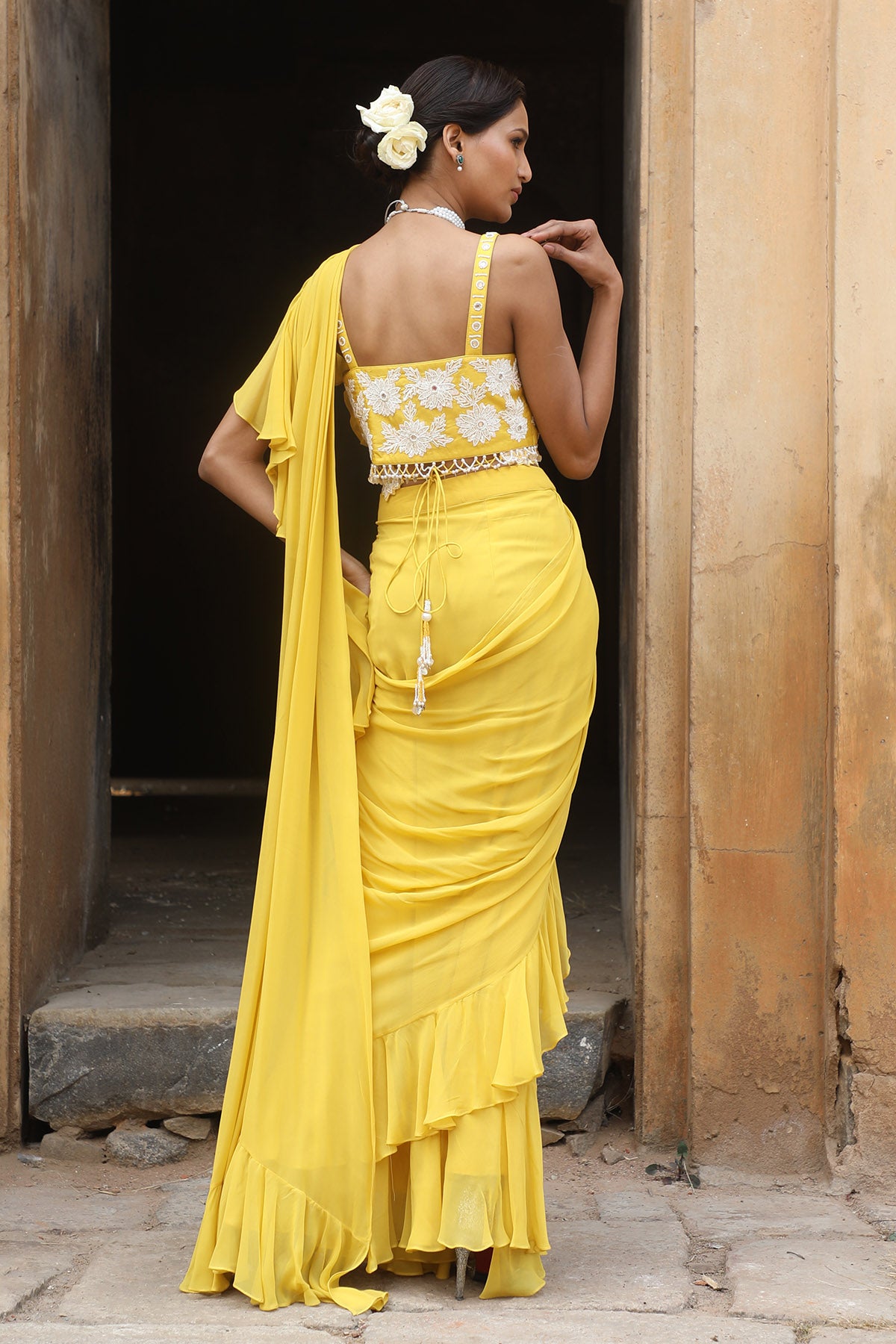 Yellow Pre-Draped Frill Saree