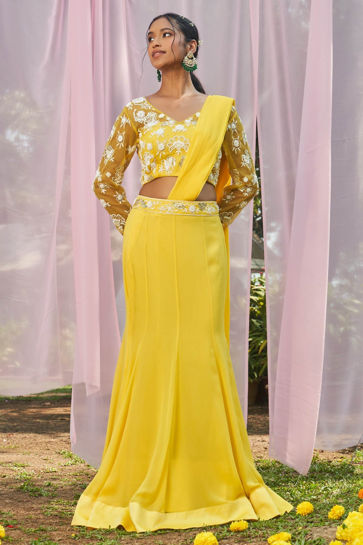 Megha Pitti Yellow Prestitch Saree & Blouse for women online at ScrollnShops