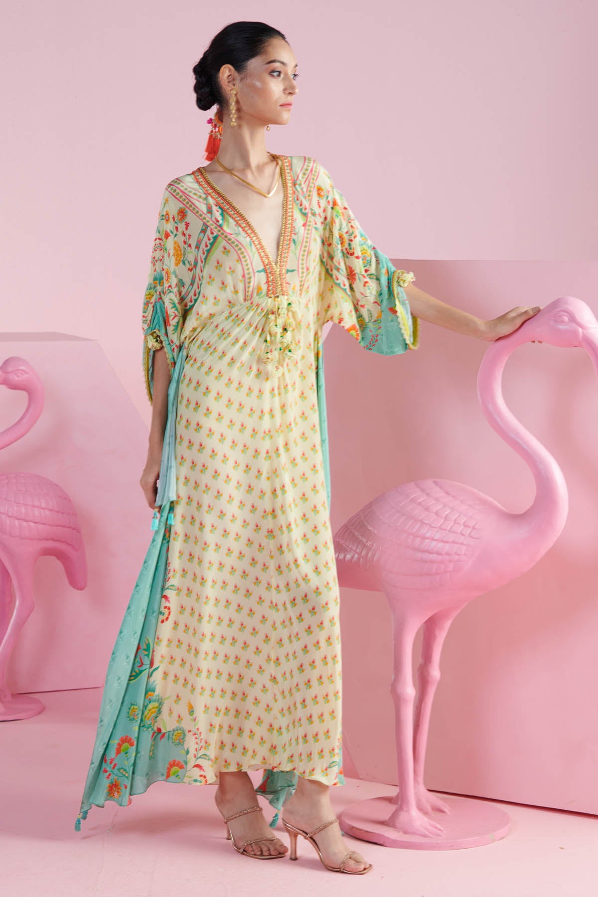 Buy Yellow Print Deep V-Neck Kaftan by Mandira Wirk
