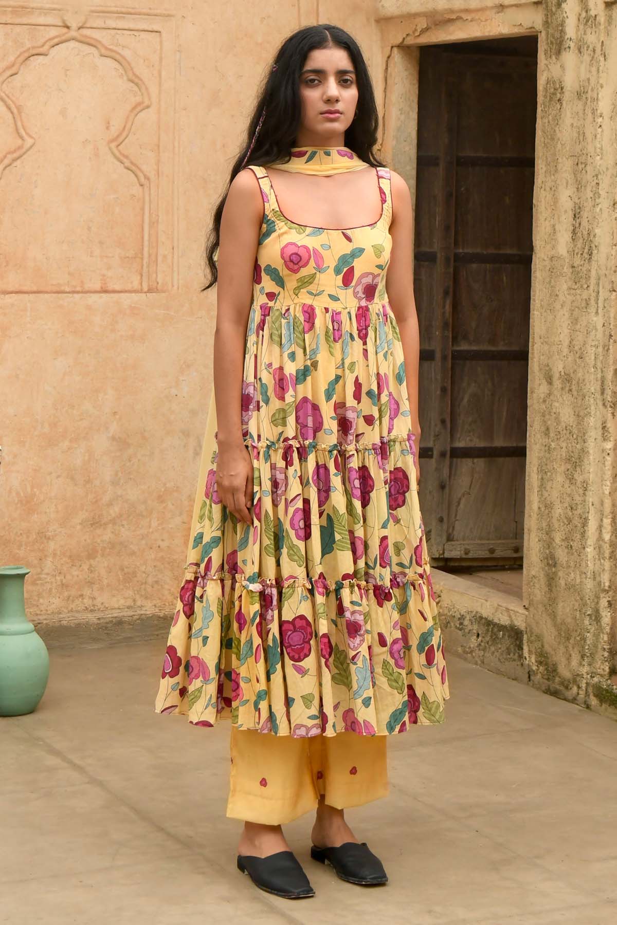 Yellow Print Flared Kurta Set