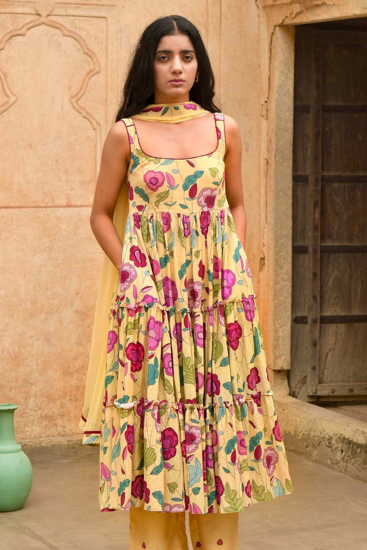 Taro India Yellow Print Flared Kurta Set for women online at ScrollnShops