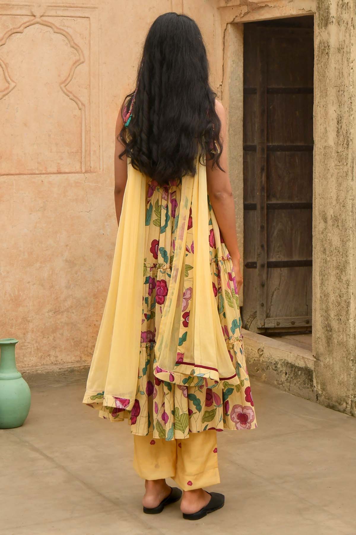 Yellow Print Flared Kurta Set