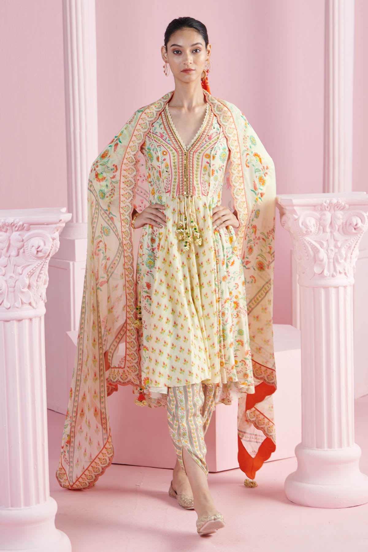 Buy Yellow Print High-Low Dhoti Set by Mandira Wirk