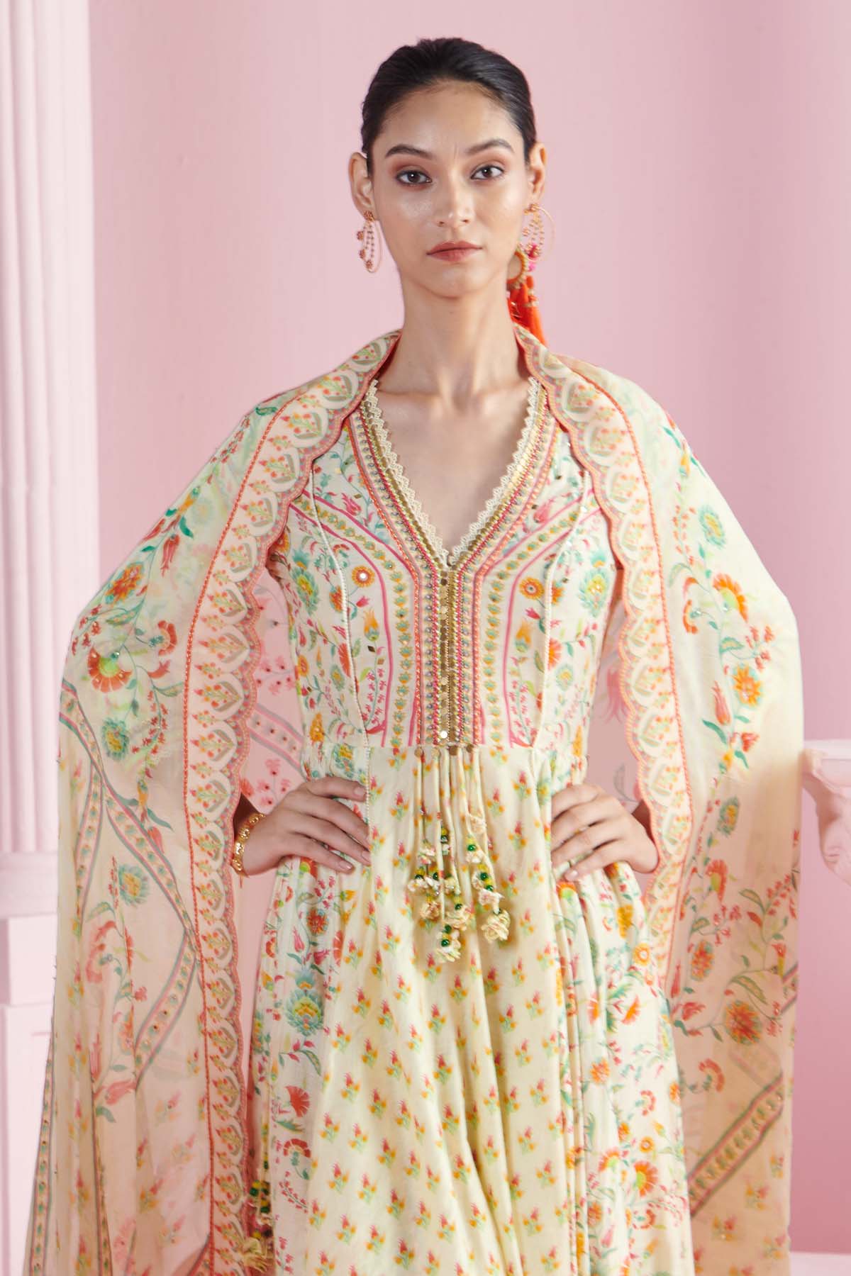 Yellow Print High-Low Dhoti Set