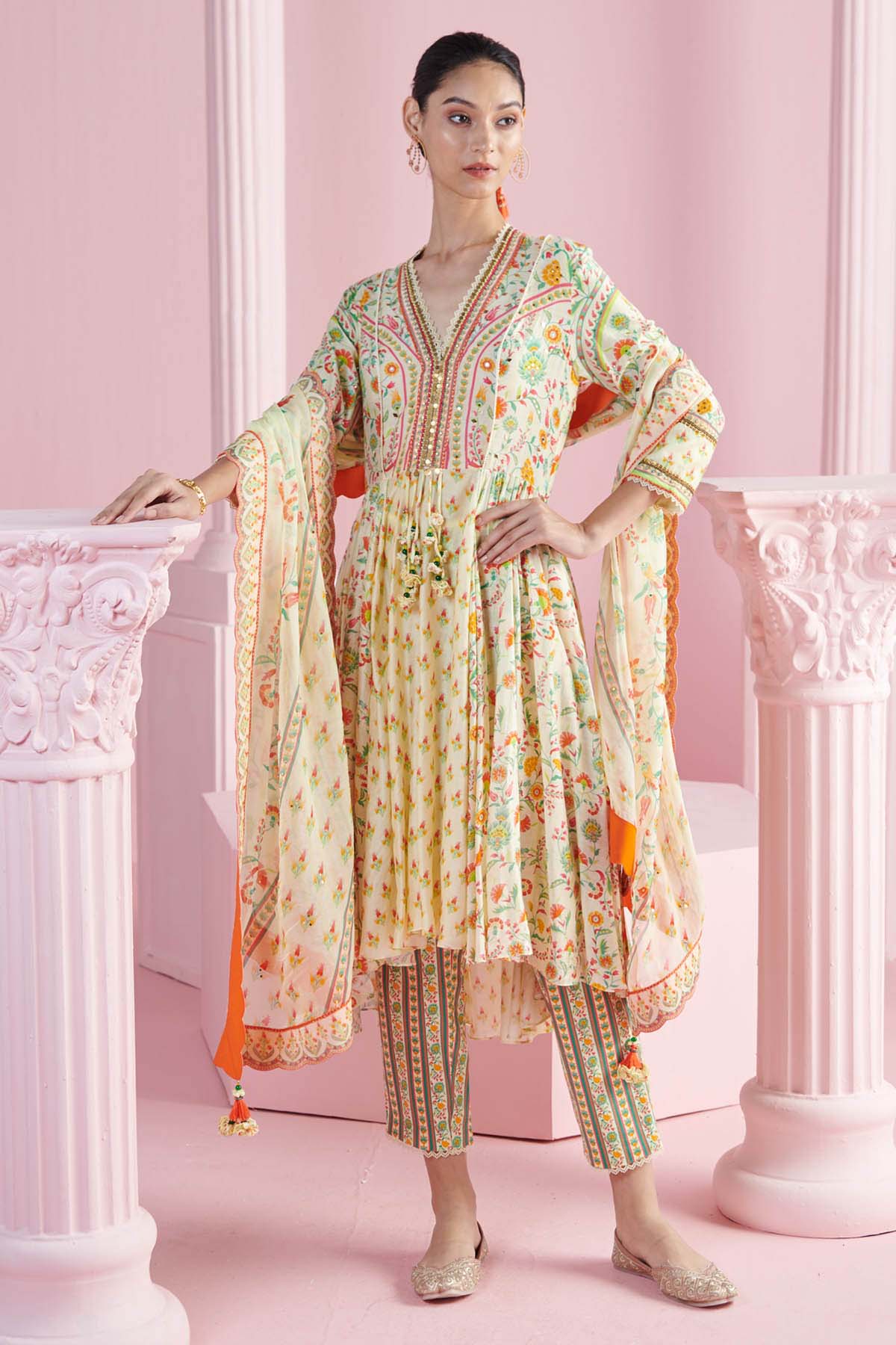 Mandira Wirk Yellow Print High-Low Kurta Set for women online at ScrollnShops