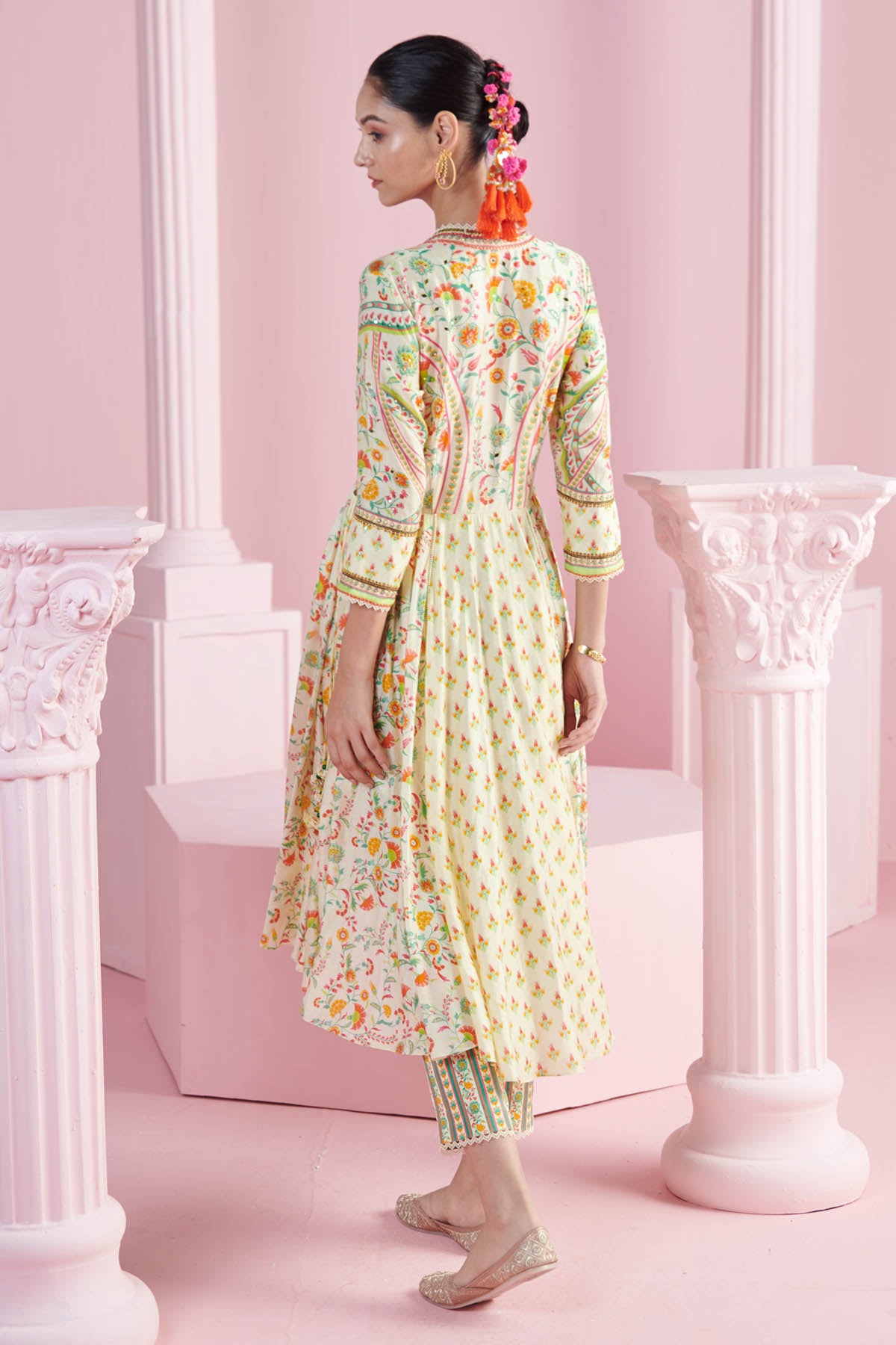 Yellow Print High-Low Kurta Set