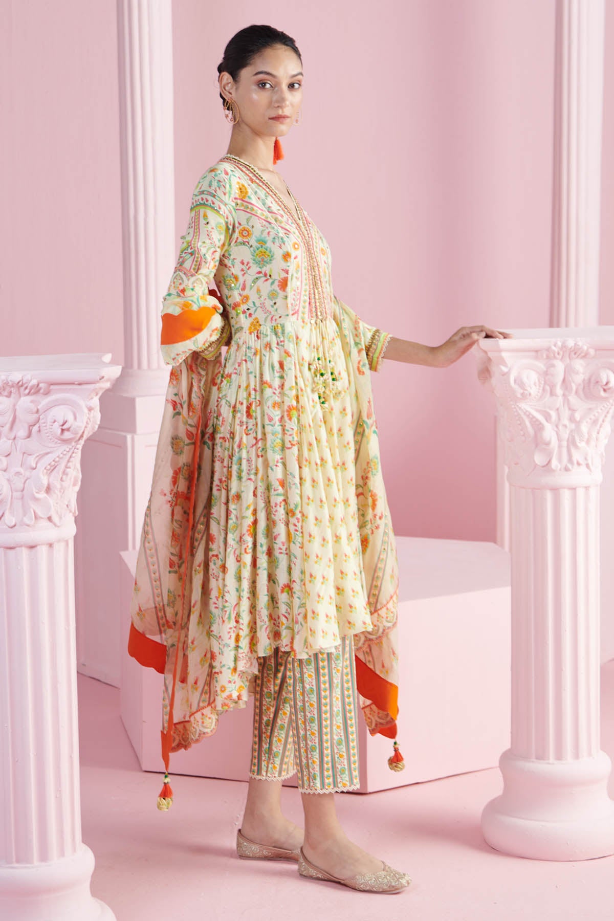 Yellow Print High-Low Kurta Set