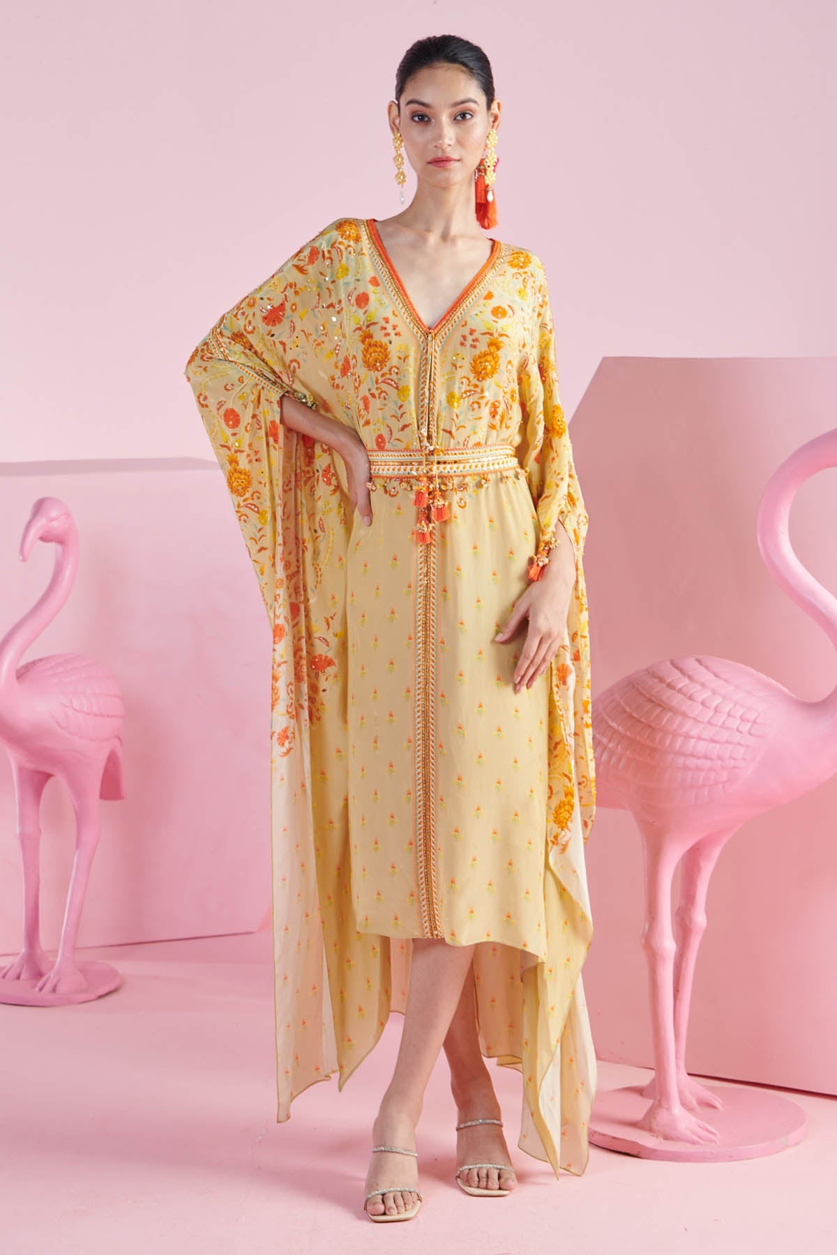 Buy Yellow Print Kaftan Dress & Belt by Mandira Wirk