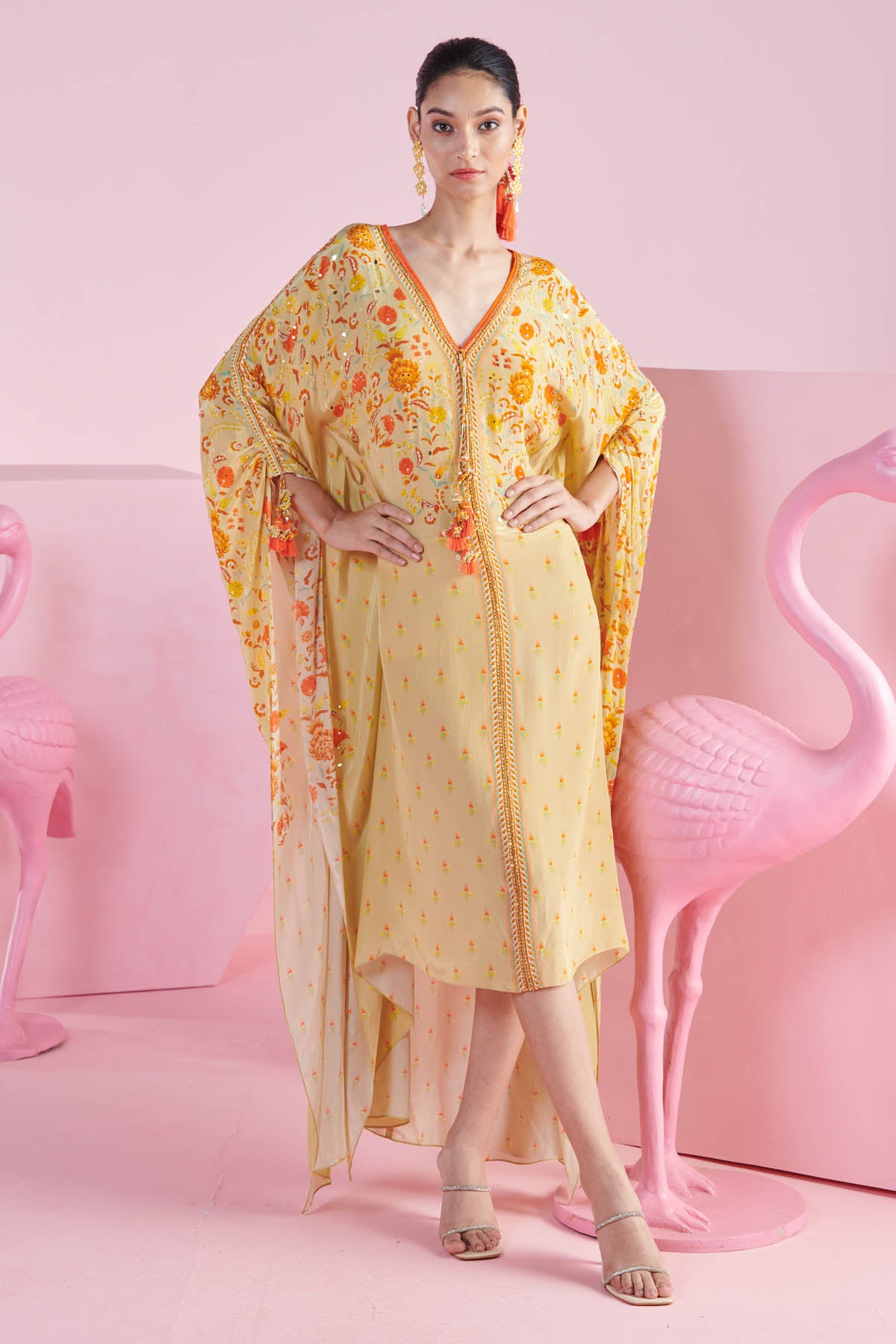 Yellow Print Kaftan Dress & Belt