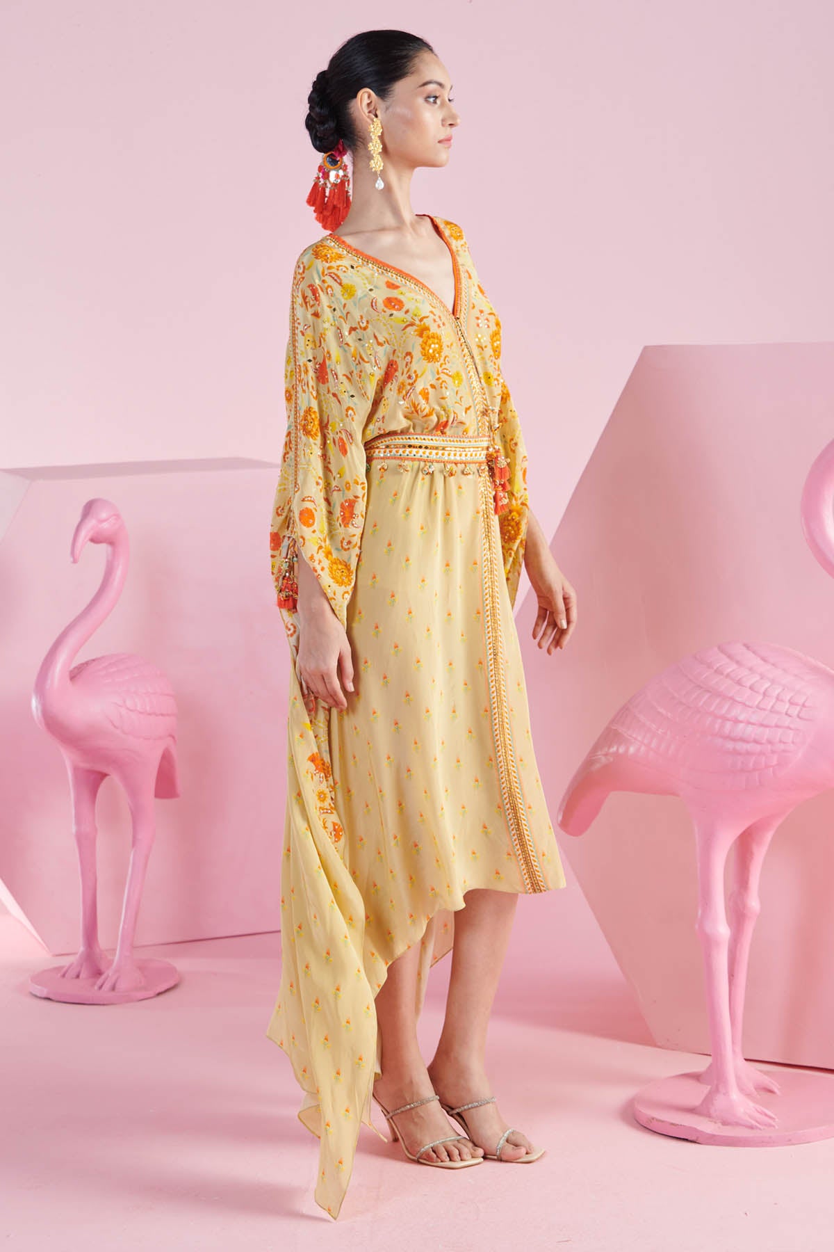 Yellow Print Kaftan Dress & Belt