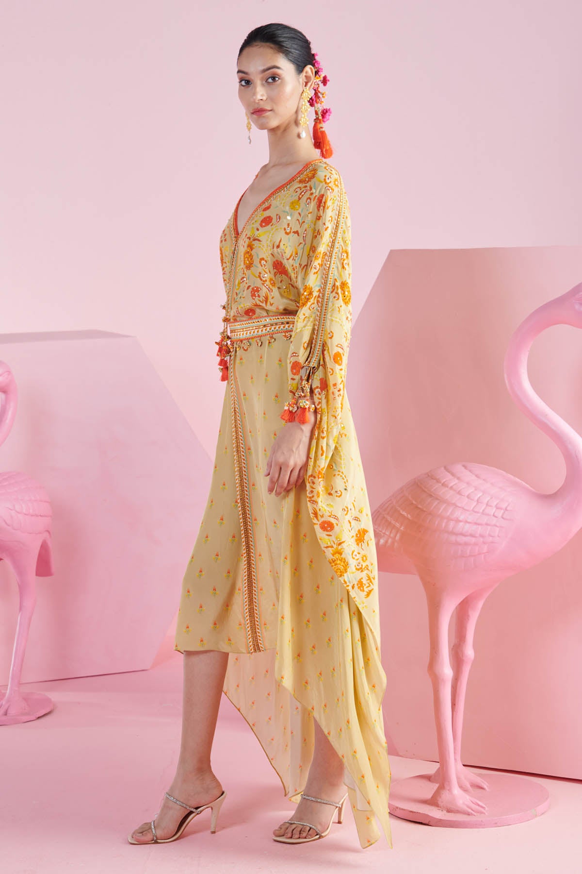 Yellow Print Kaftan Dress & Belt
