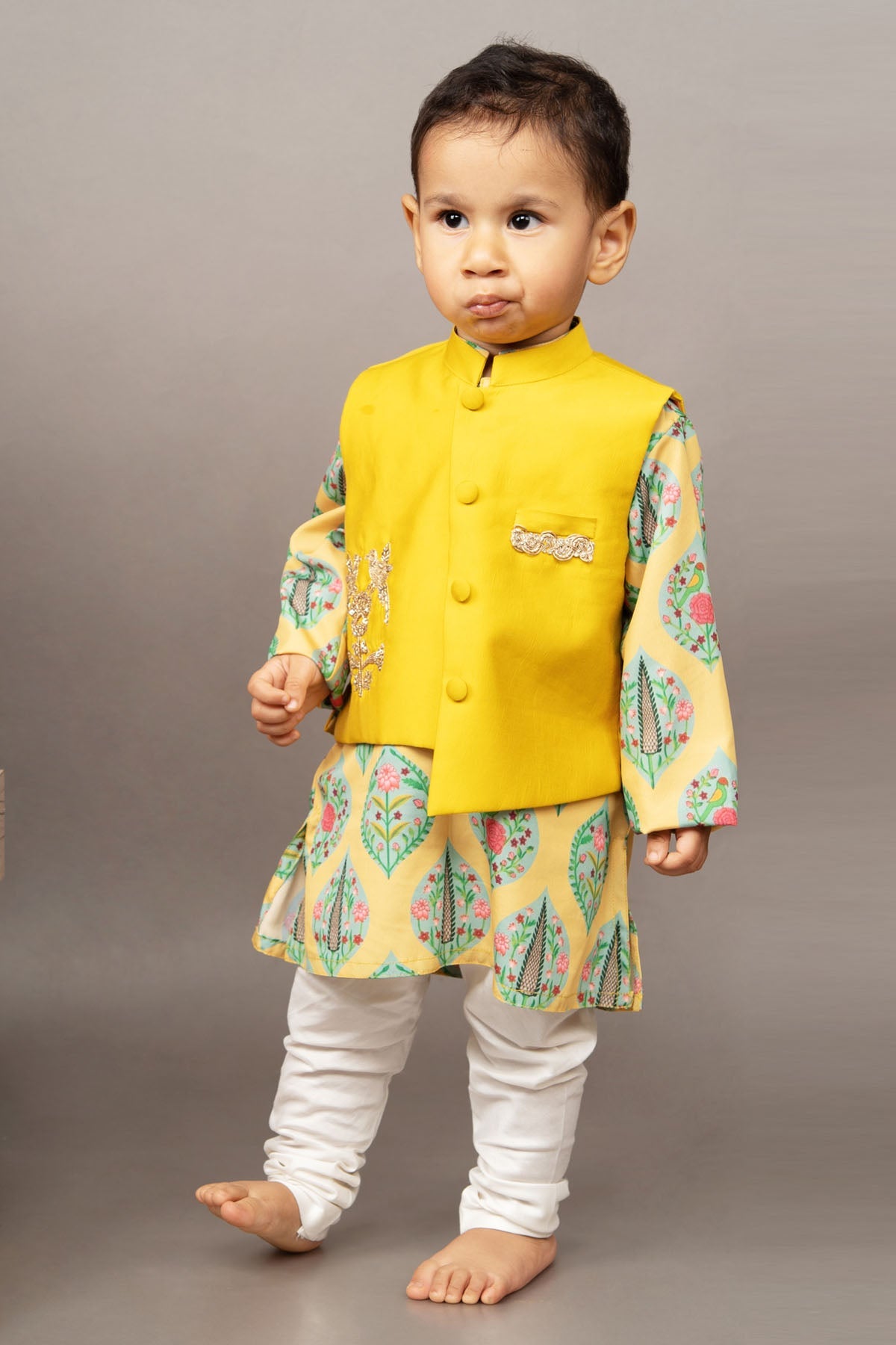 Little Brats Sunshine Splendor: Mustard Kurta Set & Jacket kidswear at scrollnshops