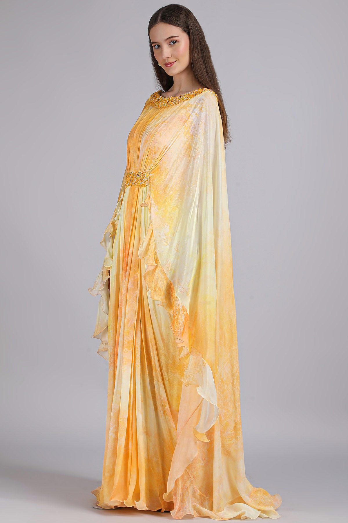 Yellow Print Ruffle Maxi Dress