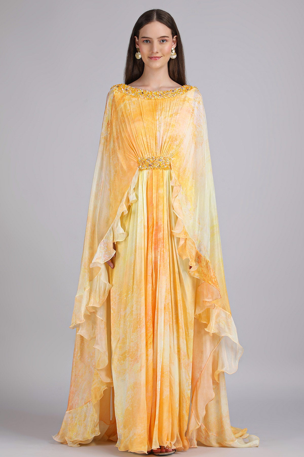 Yellow Print Ruffle Maxi Dress