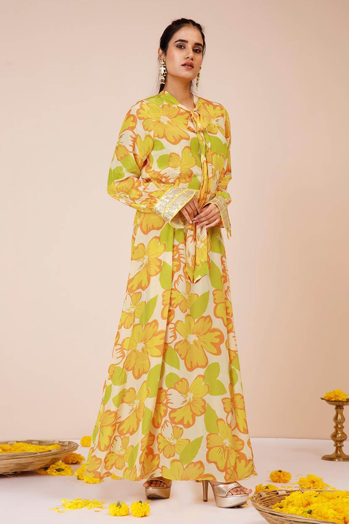 Buy Yellow Print Tie-Up Dress & Belt by Niyami for women online at ScrollnShops